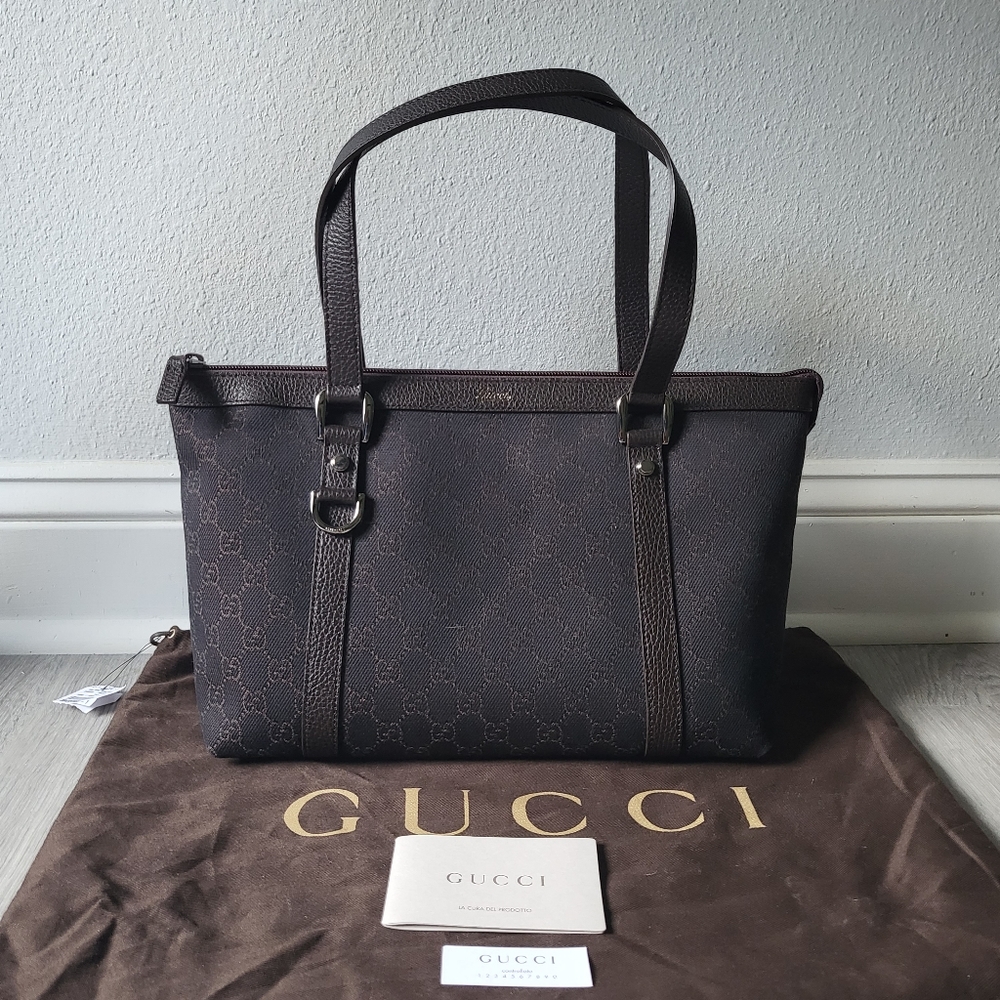 GUCCI Medium Abbey CarryAll Tote Dark Brown Canvas Monogram Authentic Brand New